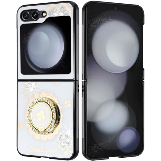 For Samsung Galaxy Z Fold 7 Diamonds 3D Fashion Floral Bling Sparkly Glitter Ornaments Engraving Hybrid with Ring Stand Case Cover White Good Luck Floral