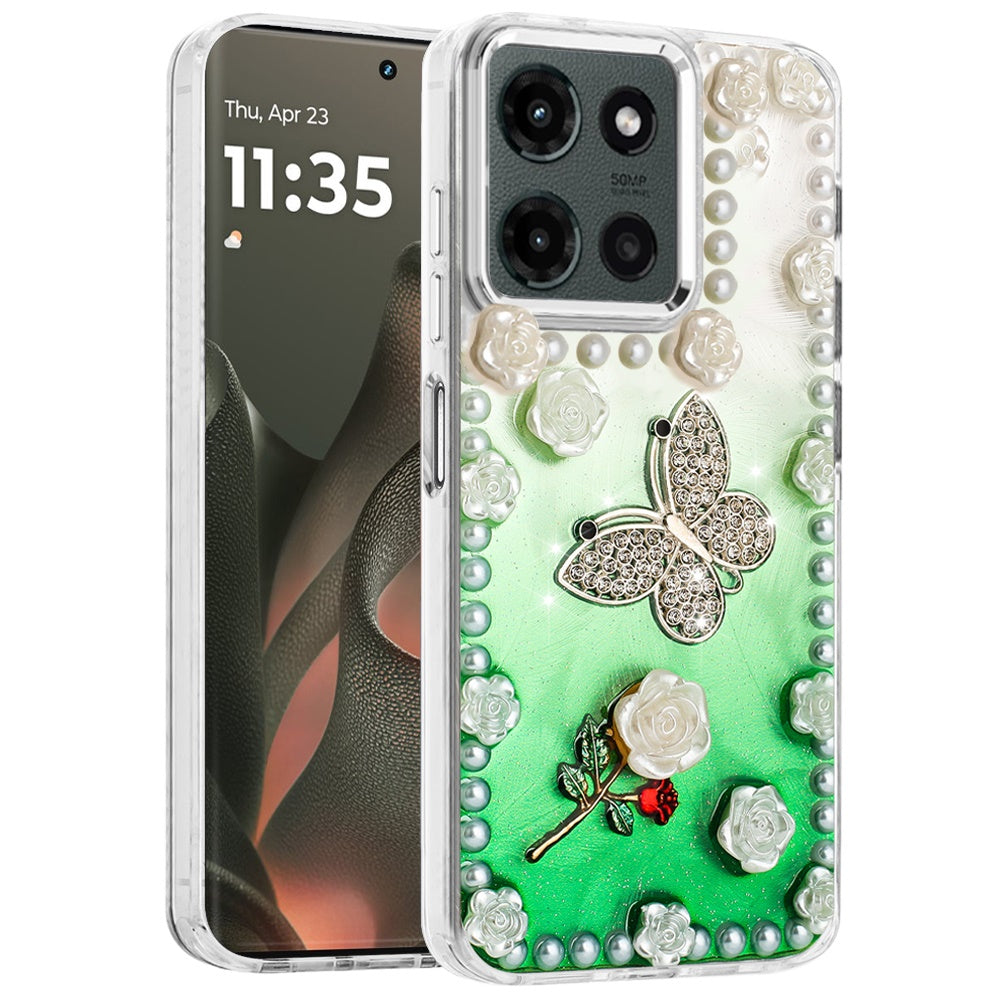 For Motorola Edge 2025 Bling Fashion Design with 3D Pearls Epoxy Glitter Ornaments Chrome Edge Hard Slim PC Case Cover