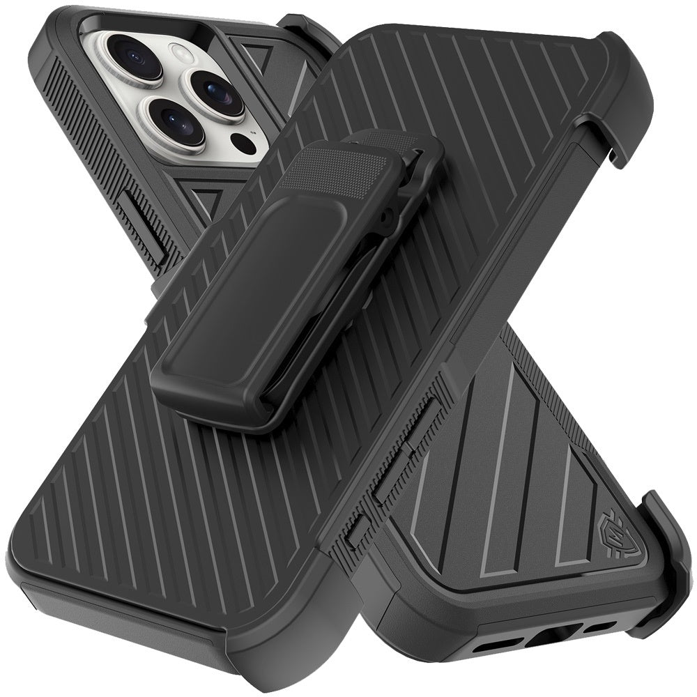For Apple iPhone 16 Pro (6.3") Combo Hybrid lined with Belt Clip Holster Armor Shockproof Rugged Textured 2in1 Non Slip Tough Case Cover Black / Black