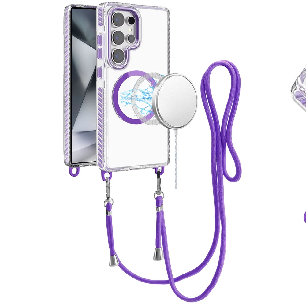 For Samsung Galaxy S25 Ultra Clear Magnetic Frame PC Back Shockproof Protective Case with Detachable Lanyard Strap, Compatible with MagSafe Case Cover