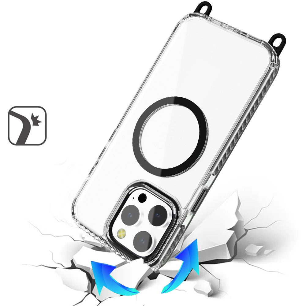 For Apple iPhone 15 Pro Max Clear Magnetic Frame PC Back Shockproof Protective Case with Detachable Lanyard Strap, Compatible with MagSafe Case Cover