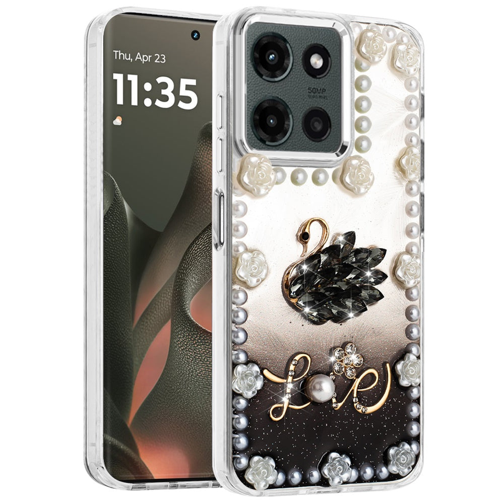For Motorola Edge 2025 Bling Fashion Design with 3D Pearls Epoxy Glitter Ornaments Chrome Edge Hard Slim PC Case Cover