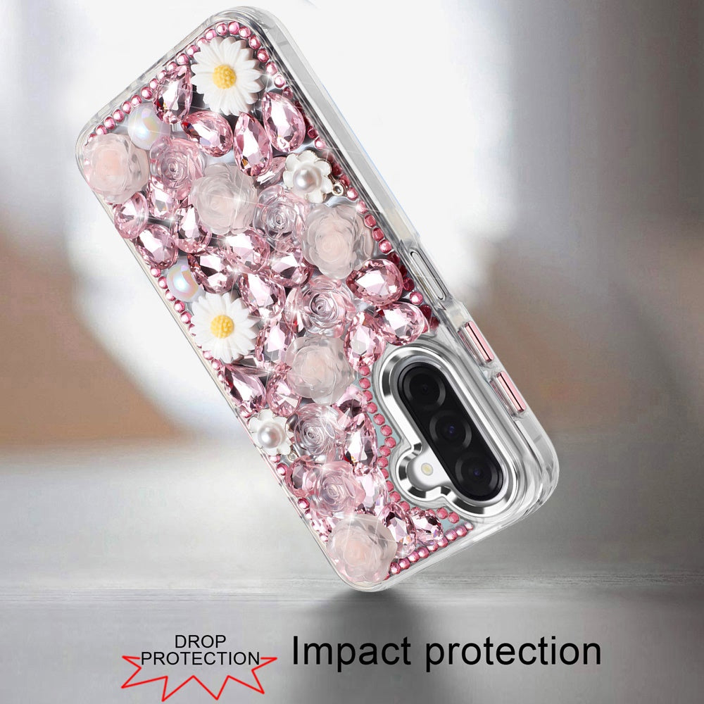 For Samsung Galaxy S25 Fan Edition /Galaxy S25 FE Fashion Daisy Floral Series, Full 3D Bling Crystal Diamonds Sparkling Rhinestone Glitter Hybrid Design Case Cover