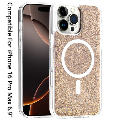 For Apple iPhone 16 Pro Max (6.9") Magnetic MagSafe Wireless Compatible Epoxy Glitter Shiny Sparkle Bling Hybrid Slim PC + TPU Frame Case Cover