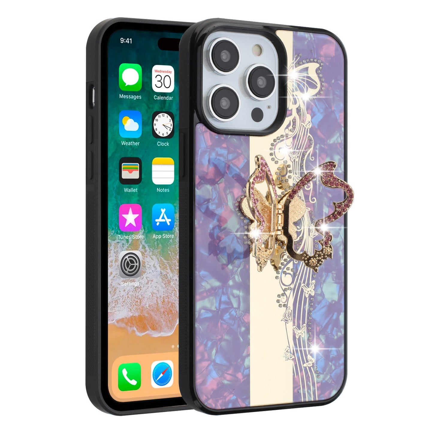 For Apple iPhone SE 4 Diamonds 3D Butterfly Bling Sparkly Glitter Ornaments Engraving Hybrid with Stand Fashion Case Cover Enchanted Butterfly Purple