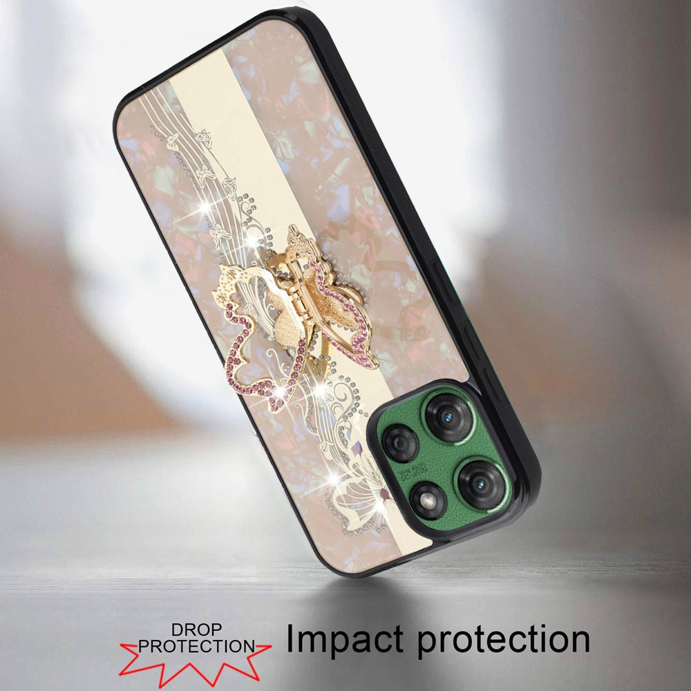 For Motorola Moto G 5G 2025 Diamonds 3D Butterfly Bling Sparkly Glitter Ornaments Engraving Hybrid with Stand Fashion Case Cover Enchanted Butterfly Gold