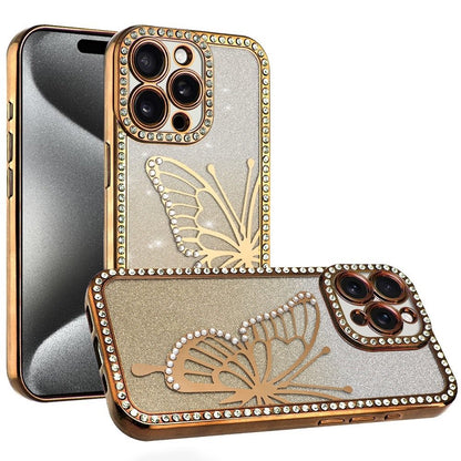 For Apple iPhone 13 Pro Max Butterfly Glitter Diamond Shimmer Hybrid Slim & Stylish Electroplated Sparkly Bling Shockproof TPU Protective Case Cover