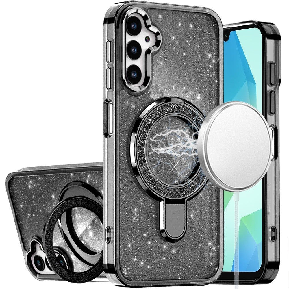 For Samsung Galaxy S25 Fan Edition /Galaxy S25 FE Transparent Glitter Bling Case with Rotating Magnetic Ring Stand, Shockproof Hybrid Case Cover Black