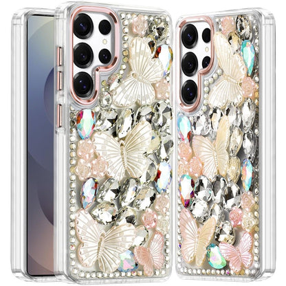 For Samsung Galaxy S25 Ultra 3D Diamond Floral Butterfly Bling Stone Hybrid, Sparkly Rhinestone Gemstone Back Shockproof Case Cover