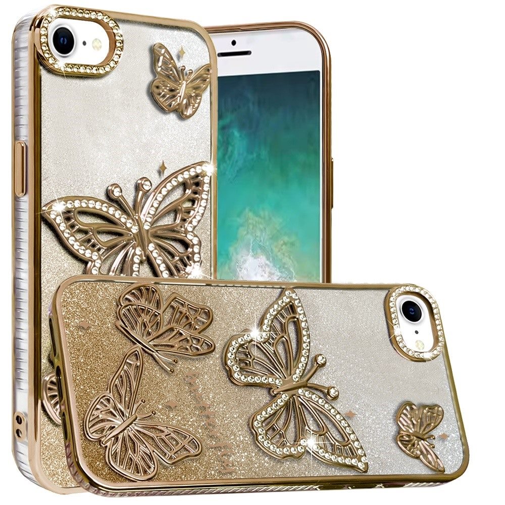 For Apple iPhone 16e Luxury Butterfly Sparkle Glitter Diamond Crystal Rhinestone Shimmer Bling Plating Thick TPU Hard PC Case Cover