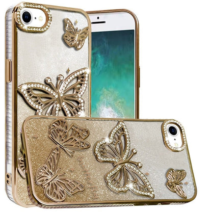 For Apple iPhone 16e Luxury Butterfly Sparkle Glitter Diamond Crystal Rhinestone Shimmer Bling Plating Thick TPU Hard PC Case Cover