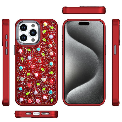 For Apple iPhone 16 Pro (6.3") Floral Design Embedded Glass Diamond Fancy Fashion Glitter Bling Sparkly Hybrid Rugged TPU Bumper Case Cover