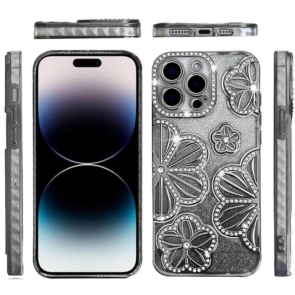 For Apple iPhone 16 Pro (6.3") Luxury Floral Design Sparkle Glitter Diamond Crystal Rhinestone Shimmer Bling Plating Thick TPU Hard PC Case Cover
