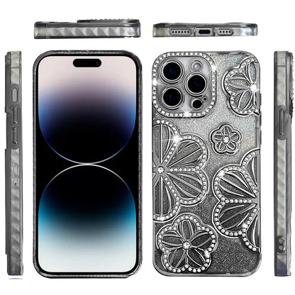 For Apple iPhone 16 Pro (6.3") Luxury Floral Design Sparkle Glitter Diamond Crystal Rhinestone Shimmer Bling Plating Thick TPU Hard PC Case Cover