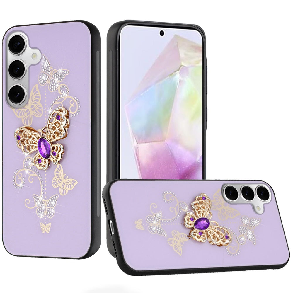 For Apple iPhone 16e Diamonds 3D Butterfly Bling Sparkly Glitter Ornaments Engraving Hybrid Metal Fashion Case Cover Purple Garden Butterflies