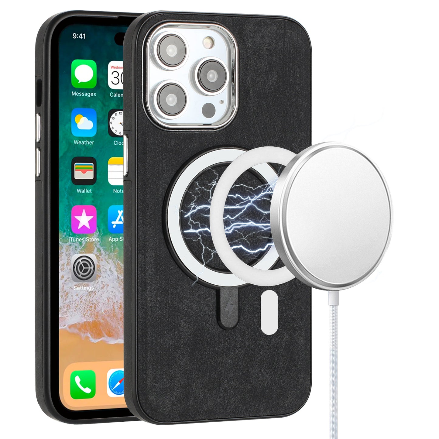 For Apple iPhone 16 Pro Max (6.9") PU Vegan Leather Chrome Edged Hybrid Hard PC TPU Rubber Compatible with MagSafe Case Cover