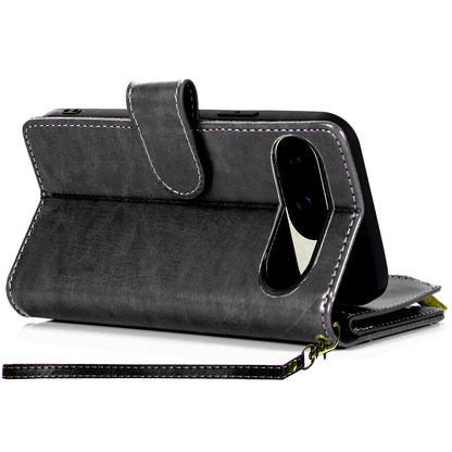 Google Pixel 9 Pro XL (6.8") Leather Zipper Wallet Case 9 Credit Card Slots Cash Money Pocket Clutch Pouch Stand & Strap