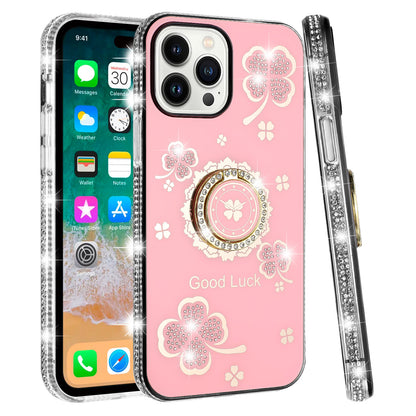 For Apple iPhone 16 Pro (6.3") Diamonds Bling All Around Edges Sparkly Glitter Hybrid with Ring Stand Holder Fashion Good Luck Case Cover