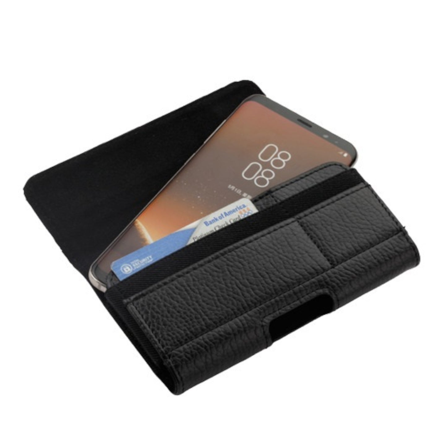 For Apple iPhone 16 (6.1") Universal Leather Horizontal Holster Pouch with Credit Card Slots Wallet & Belt Loop Clip Carrying (Fit up to 6.1" Screen) [Black]