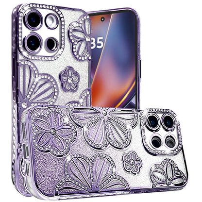 For Apple iPhone 16e Luxury Flower Design Sparkle Glitter Diamond Rhinestone Shimmer Bling Plating Thick TPU Hard PC Case Cover