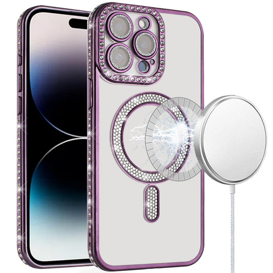 For Apple iPhone 14 Pro Max Bling Case with Diamond Magnetic Circle, Transparent Slim Shockproof Hybrid Slim Fit Case Cover