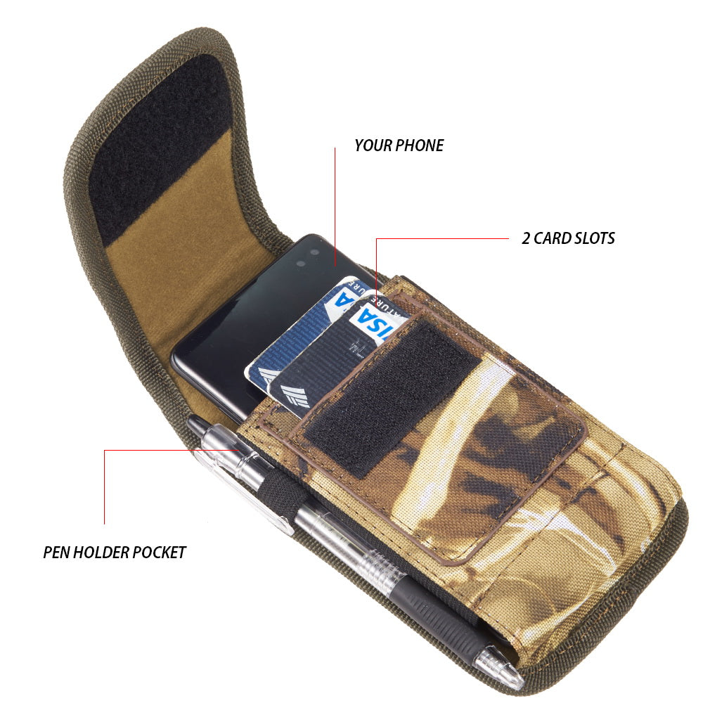 For Apple iPhone 16 Pro (6.3") Universal Pouch Case Vertical Phone Holster Camo Print with Card Slots, Pen Holder, Belt Clip Loop & Hook Cover [Camouflage]