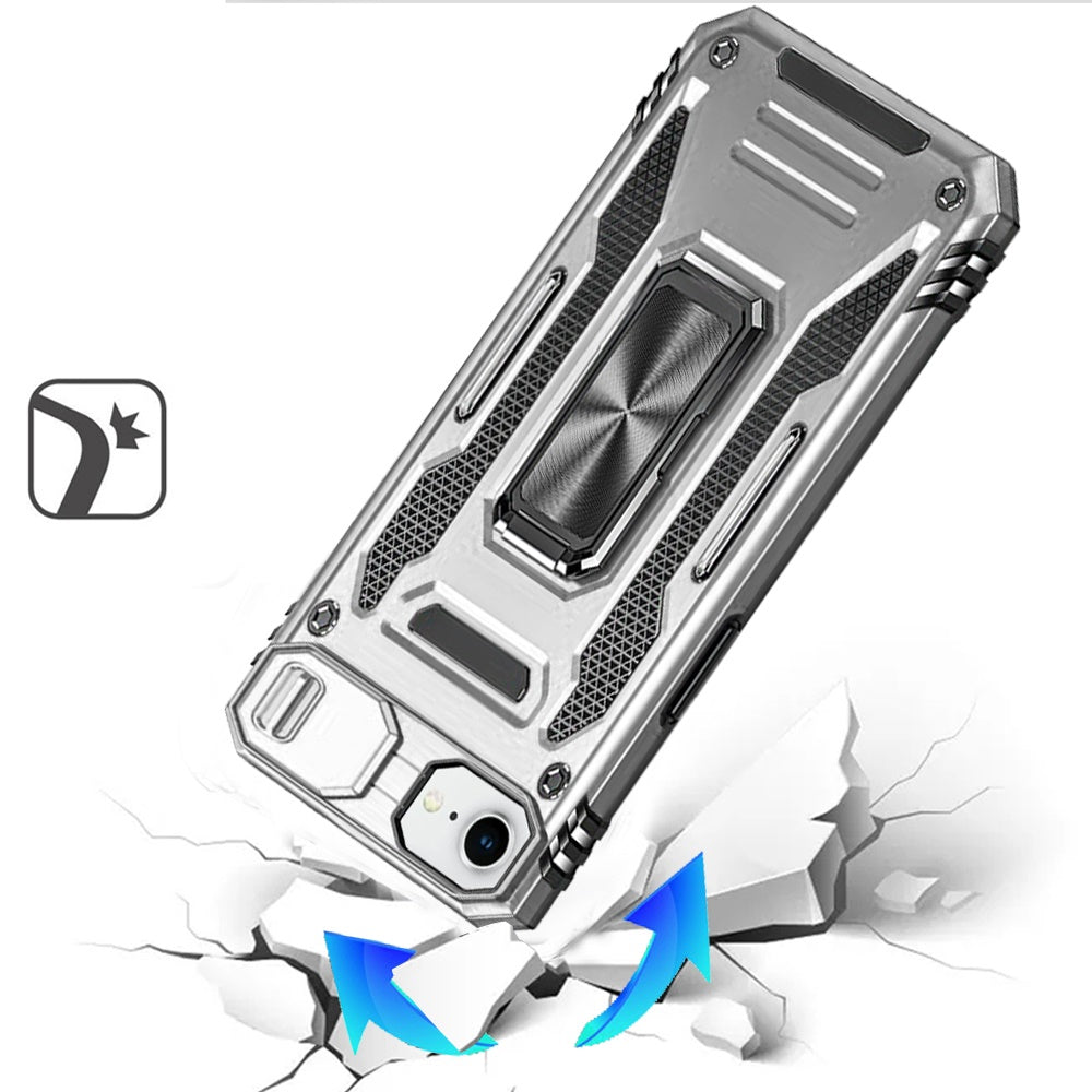 For Apple iPhone 16e Tough Hybrid Case with Movable Camera Window & Metal Ring Stand Shockproof Case Cover Silver