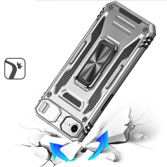 For Apple iPhone 16e Tough Hybrid Case with Movable Camera Window & Metal Ring Stand Shockproof Case Cover Silver