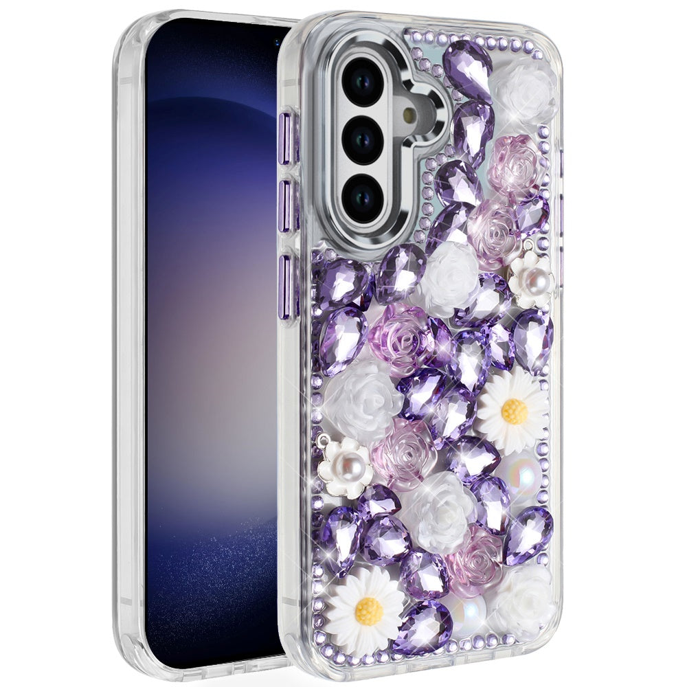 For Apple iPhone 16 Pro (6.3") Fashion Daisy Floral Series, Full 3D Bling Crystal Diamonds Sparkling Rhinestone Glitter Hybrid Design Case Cover Purple