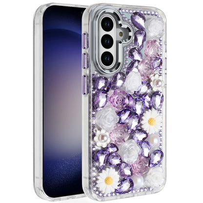 For Apple iPhone 16 Pro (6.3") Fashion Daisy Floral Series, Full 3D Bling Crystal Diamonds Sparkling Rhinestone Glitter Hybrid Design Case Cover Purple