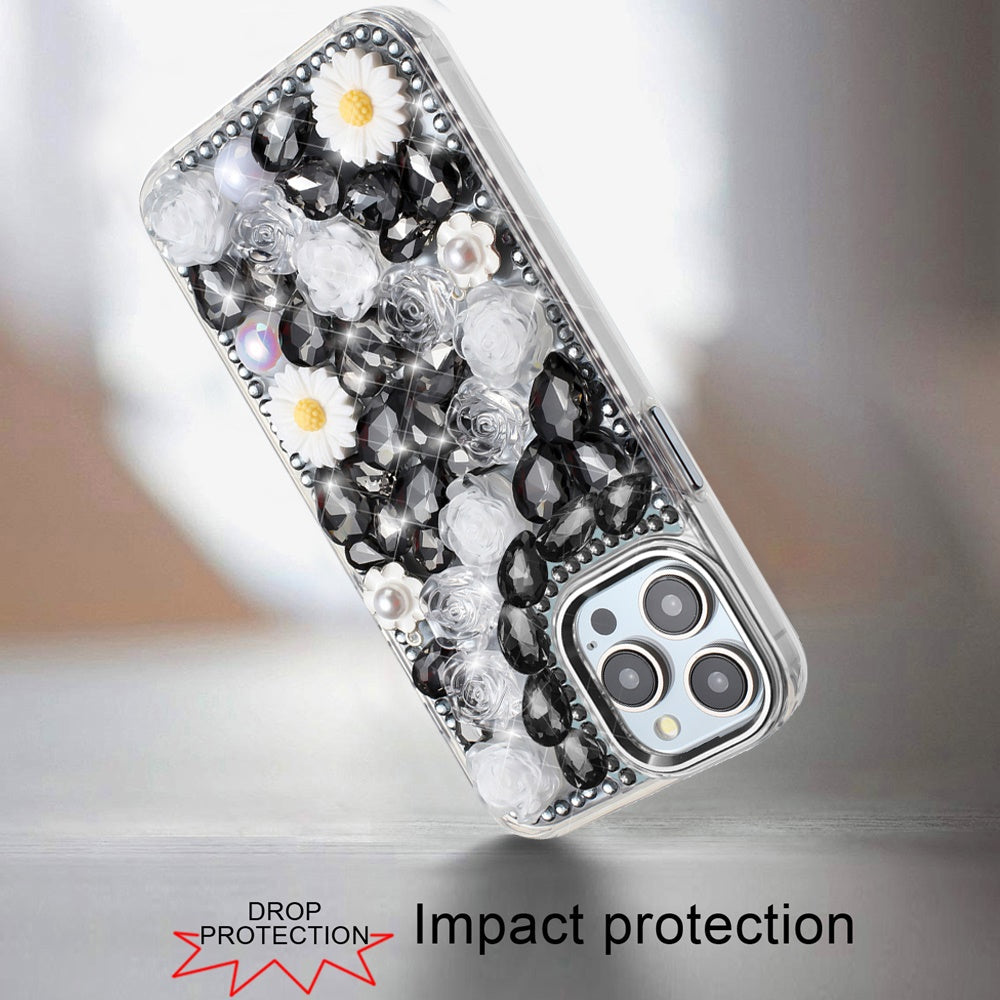 For Motorola Moto G Stylus 5G 2025 Fashion Daisy Floral Series, Full 3D Bling Crystal Diamonds Sparkling Rhinestone Glitter Hybrid Design Case Cover