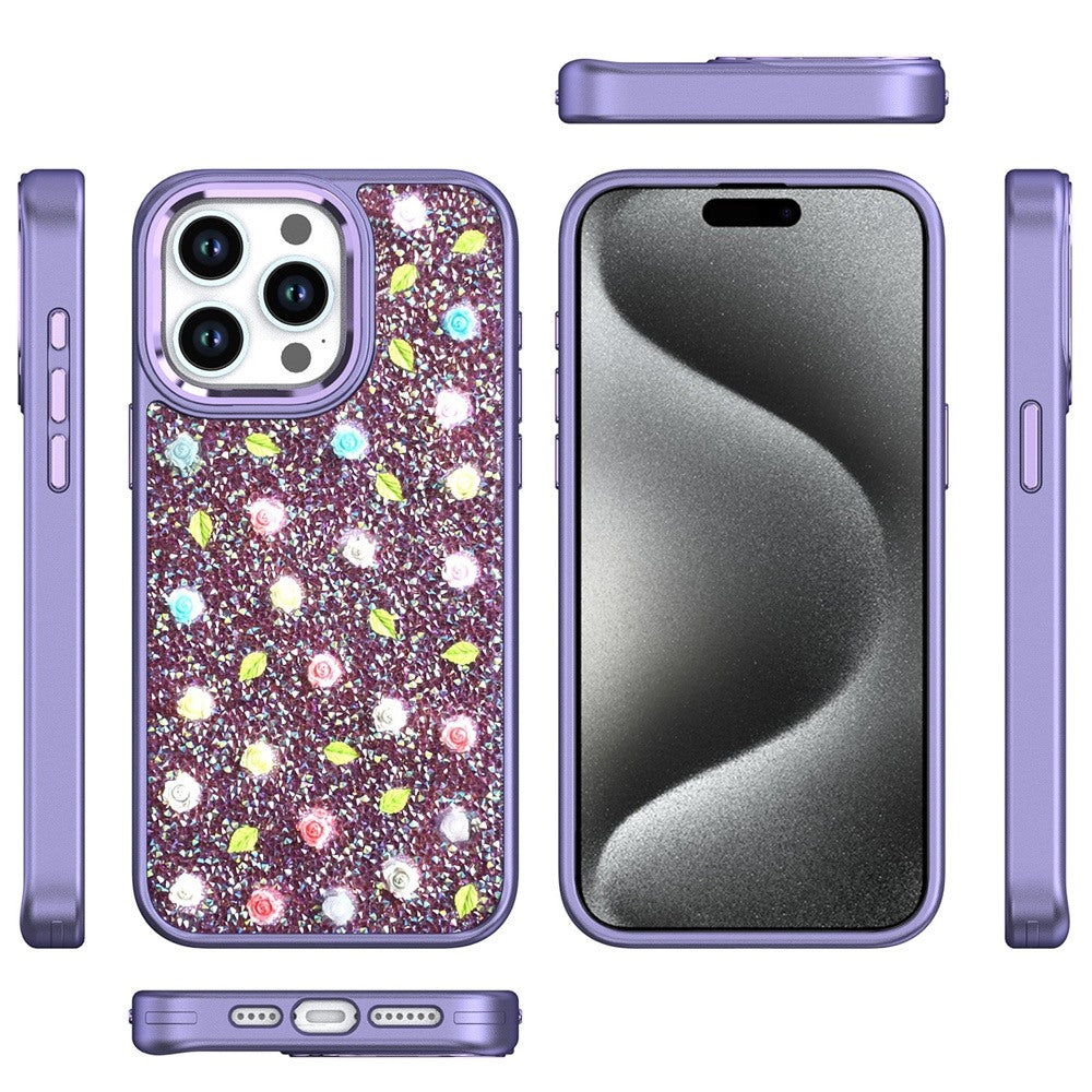 For Apple iPhone 16 Pro (6.3") Floral Design Embedded Glass Diamond Fancy Fashion Glitter Bling Sparkly Hybrid Rugged TPU Bumper Case Cover