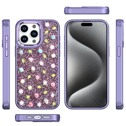 For Apple iPhone 16 Pro (6.3") Floral Design Embedded Glass Diamond Fancy Fashion Glitter Bling Sparkly Hybrid Rugged TPU Bumper Case Cover