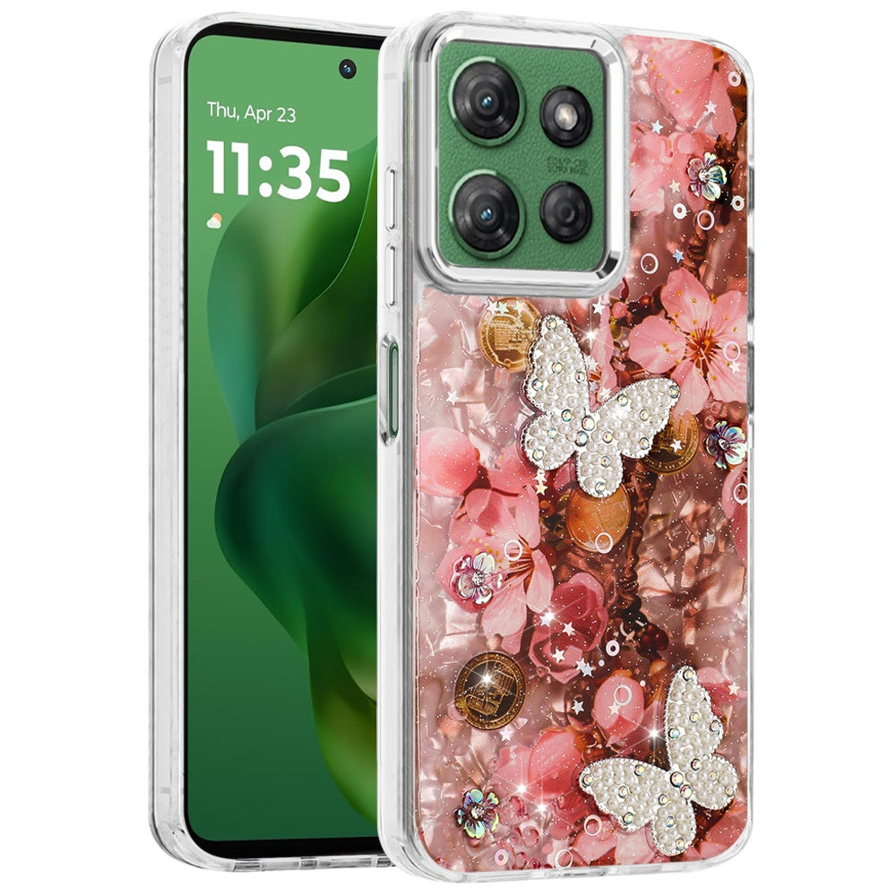 For Motorola Moto G Stylus 5G 2025 Epoxy Glitter Flowers Bling 3D Butterfly Fashion TPU Hybrid with Shockproof Protection Case Cover