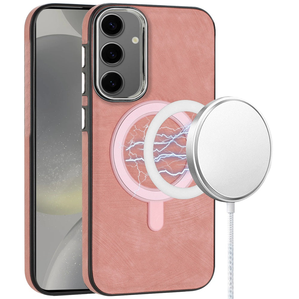 For Samsung Galaxy S25+ /S25 Plus /S24+ Plus Fashion PU Vegan Leather Chrome Edge Hybrid, MagSafe Compatible, Durable TPU Hard PC Case Cover
