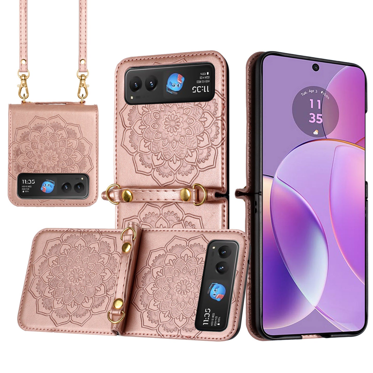 For Motorola Razr Ultra 2025 Embossed Floral PU Leather Henna Mandala Design Flip Cover with Strap, Hybrid Protective Case Cover