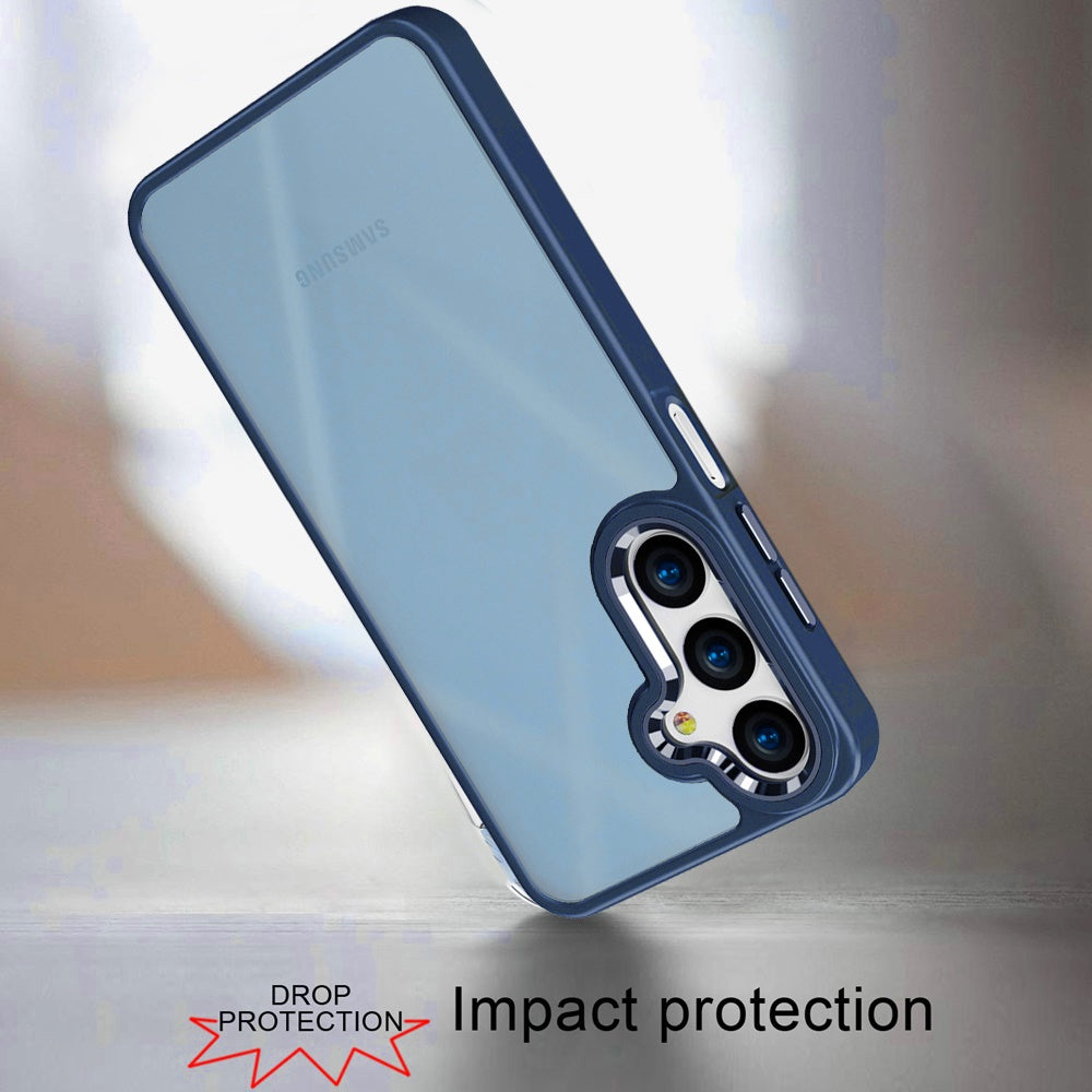 For Samsung Galaxy A17 5G Slim Fit Hybrid Transparent Thick Acrylic with Metal Buttons Frame Protective Hard PC + TPU Shockproof Case Cover Blue