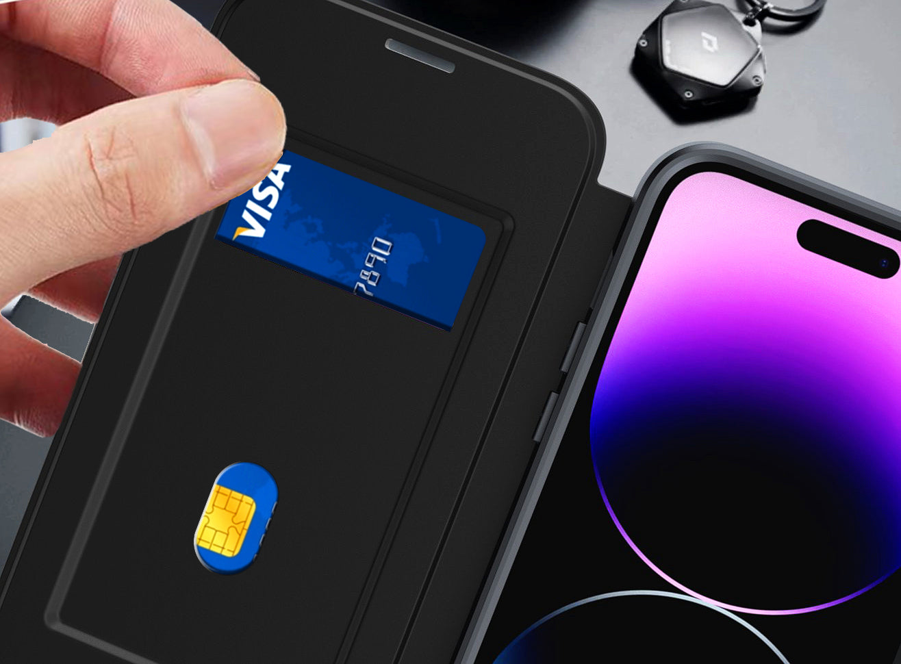 For Apple iPhone 16 Pro (6.3") Flap Wallet Case Credit Card Slot, Clear TPU Back Hard [Magnetic Circle] Compatible with Magsafe Case Cover Black