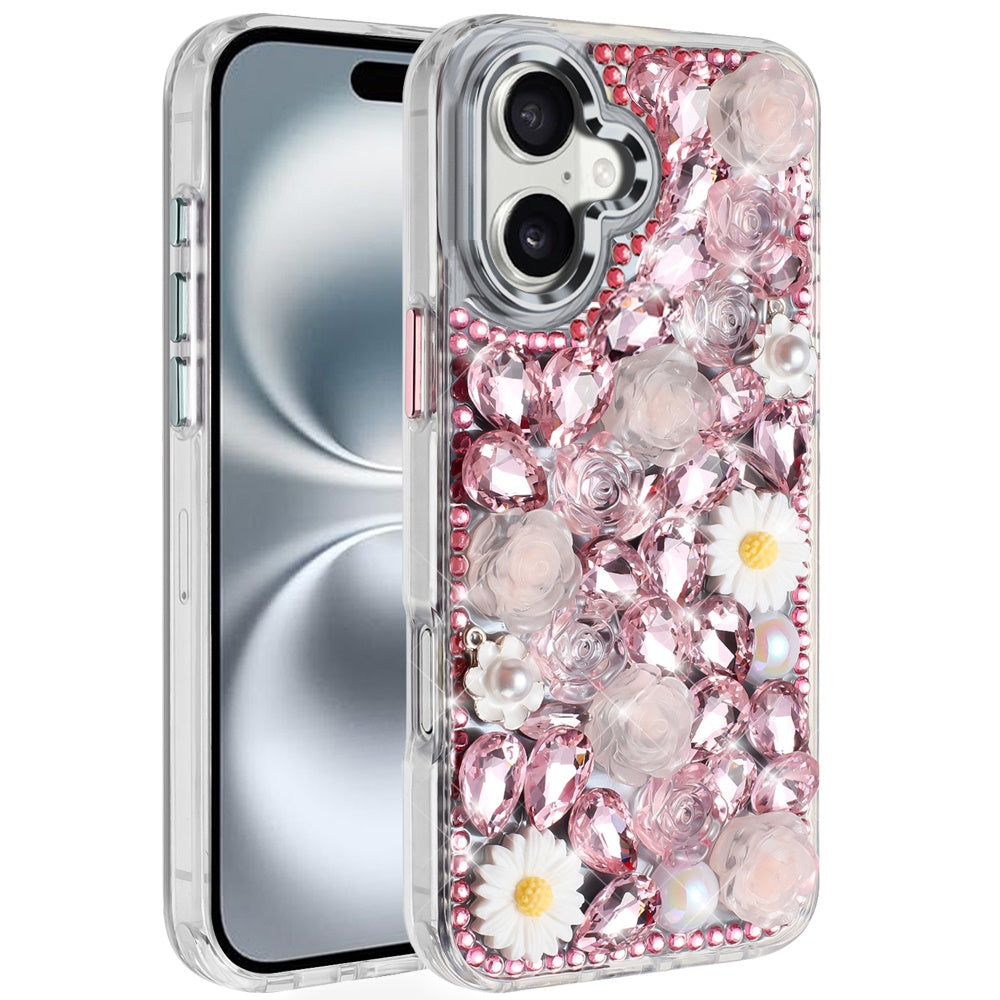 For Apple iPhone 16 Pro (6.3") Fashion Daisy Floral Series, Full 3D Bling Crystal Diamonds Sparkling Rhinestone Glitter Hybrid Design Case Cover Pink