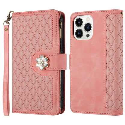 For Apple iPhone 16 Pro (6.3") PU Leather Wallet Design Jewel Bling with Credit Card Holder Flip Folio Pouch Zipper Purse Wrist Strap Case Cover