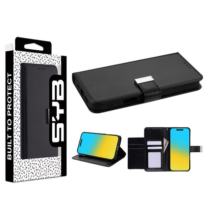 For Leather Wallet Folio Case with Credit Card Slots Pouch Cover for Apple iPhone 16 Pro Max - Black Case Cover Black