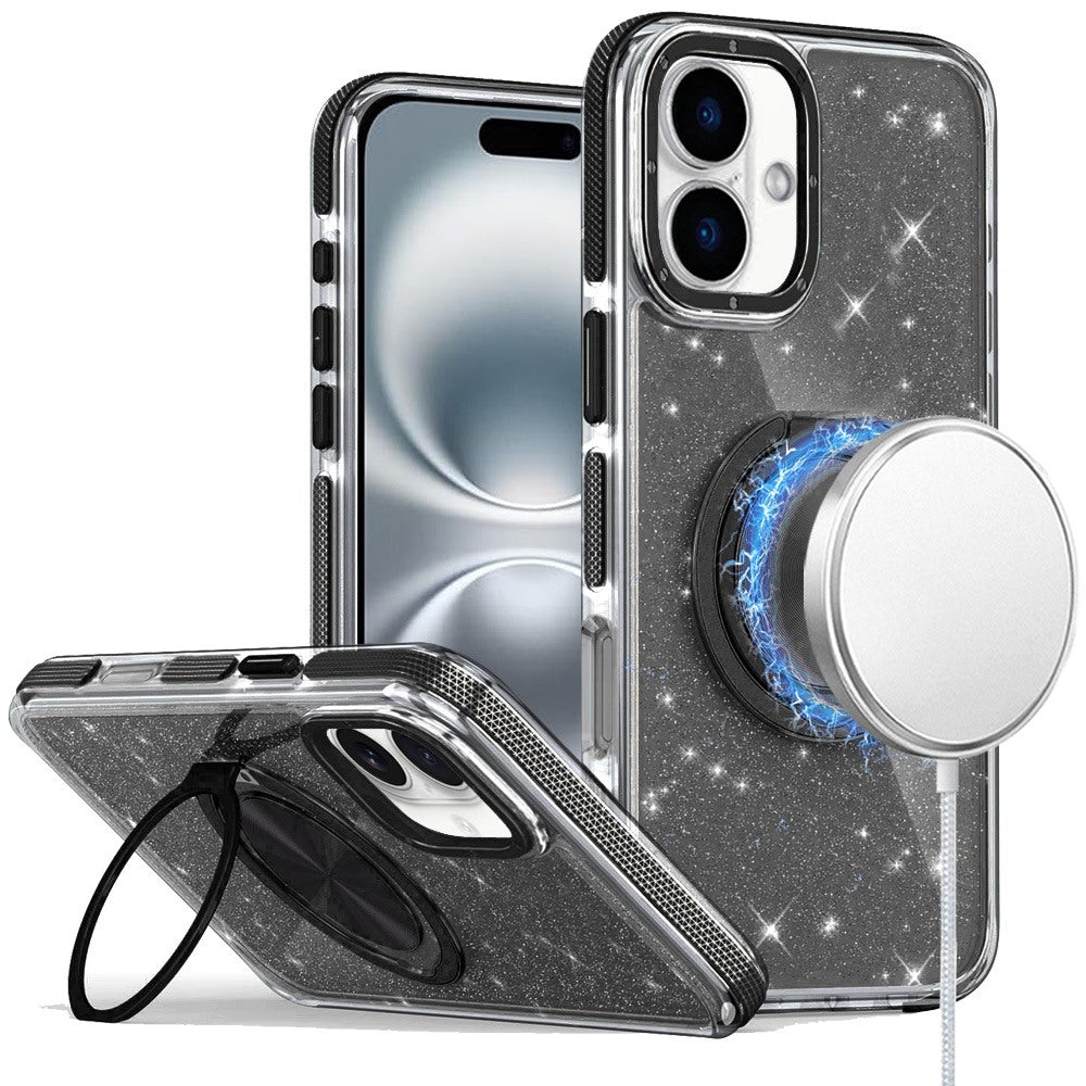 For Samsung Galaxy Z Fold 7 Slim Bling Glitter Sparkly Shimmer Hybrid with Magnetic Ring and 360° Rotational Stand [Compatible with Magsafe] Case Cover