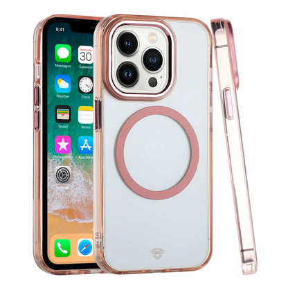 For Apple iPhone 15 Pro Transparent Back Hybrid Case - Magnetic Circle, Color Frame, Metal Buttons, MagSafe Compatible Case Cover Rose Gold