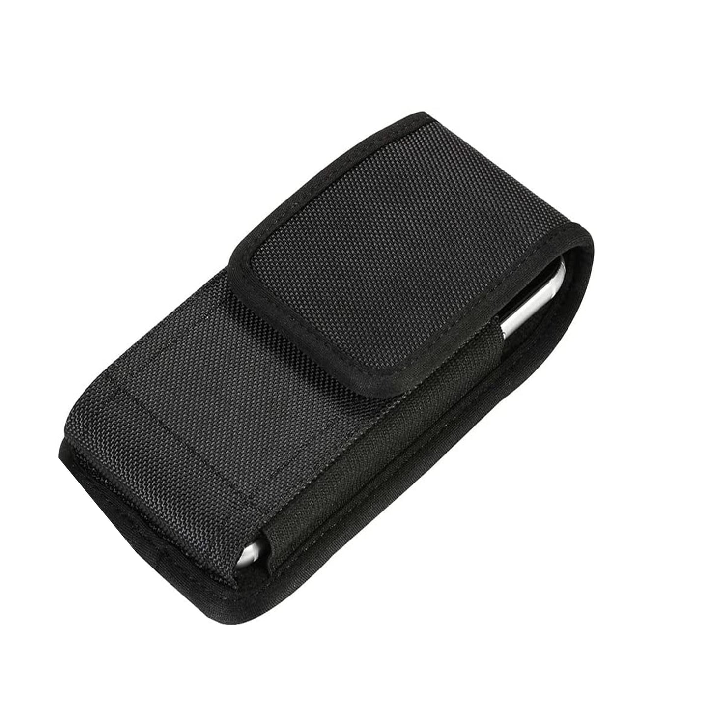 For Apple iPhone 16 Pro (6.3") Nylon Canvas Fabric Waist Belt Holster Vertical Pouch Holds Large Phone Works with Thick Cases Universal Cover [Black]