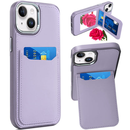 For Apple iPhone 16 (6.1") PU Leather Wallet Cover with Credit Card Holder, Kickstand & Mirror Inside Slim Fit TPU & PC Hybrid Design Case Cover
