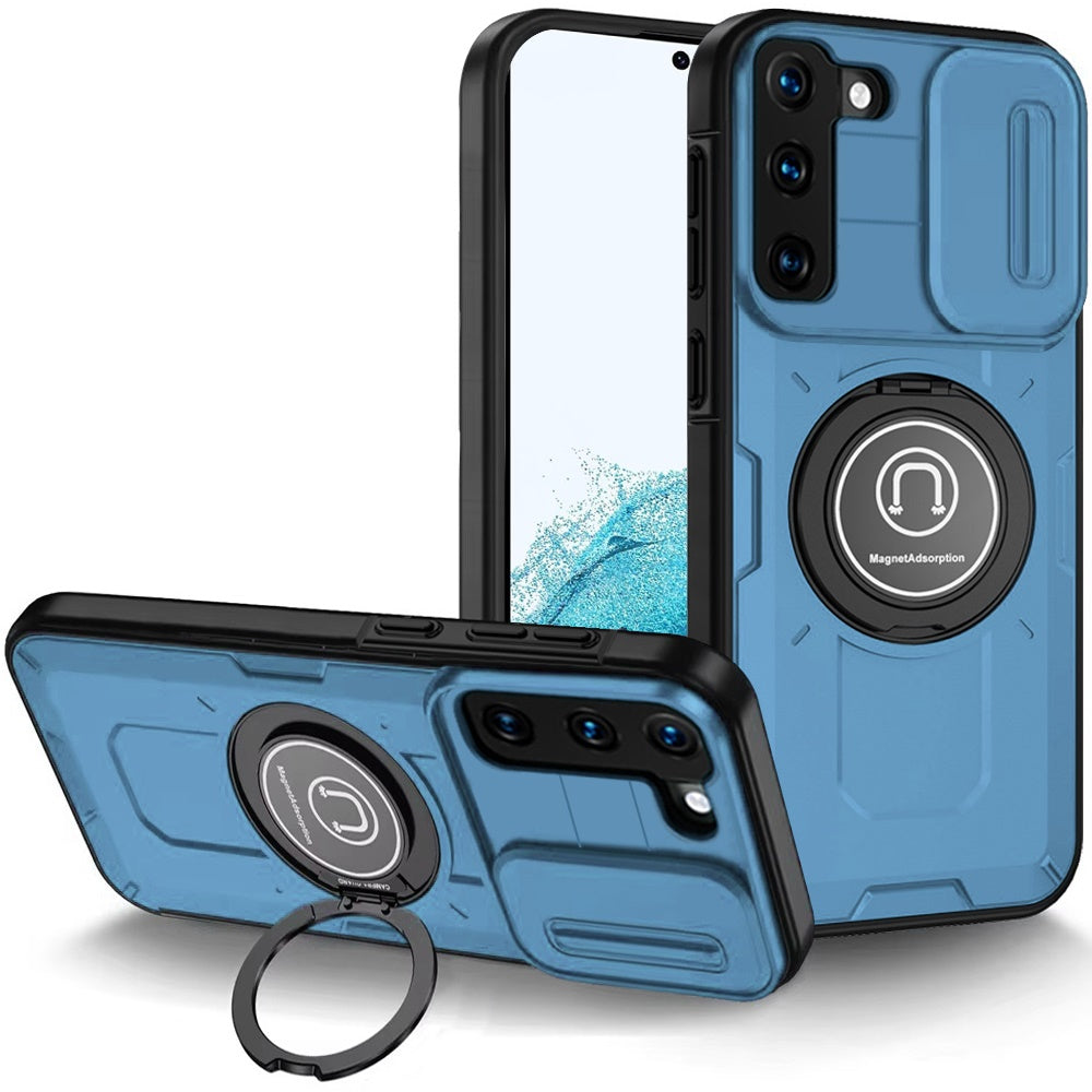 For Samsung Galaxy S22 Build in Invisible Magnetic Ring Stand with Slide Camera Protector, fit Magnetic Car Mount [Compatible with MagSafe] Case Cover
