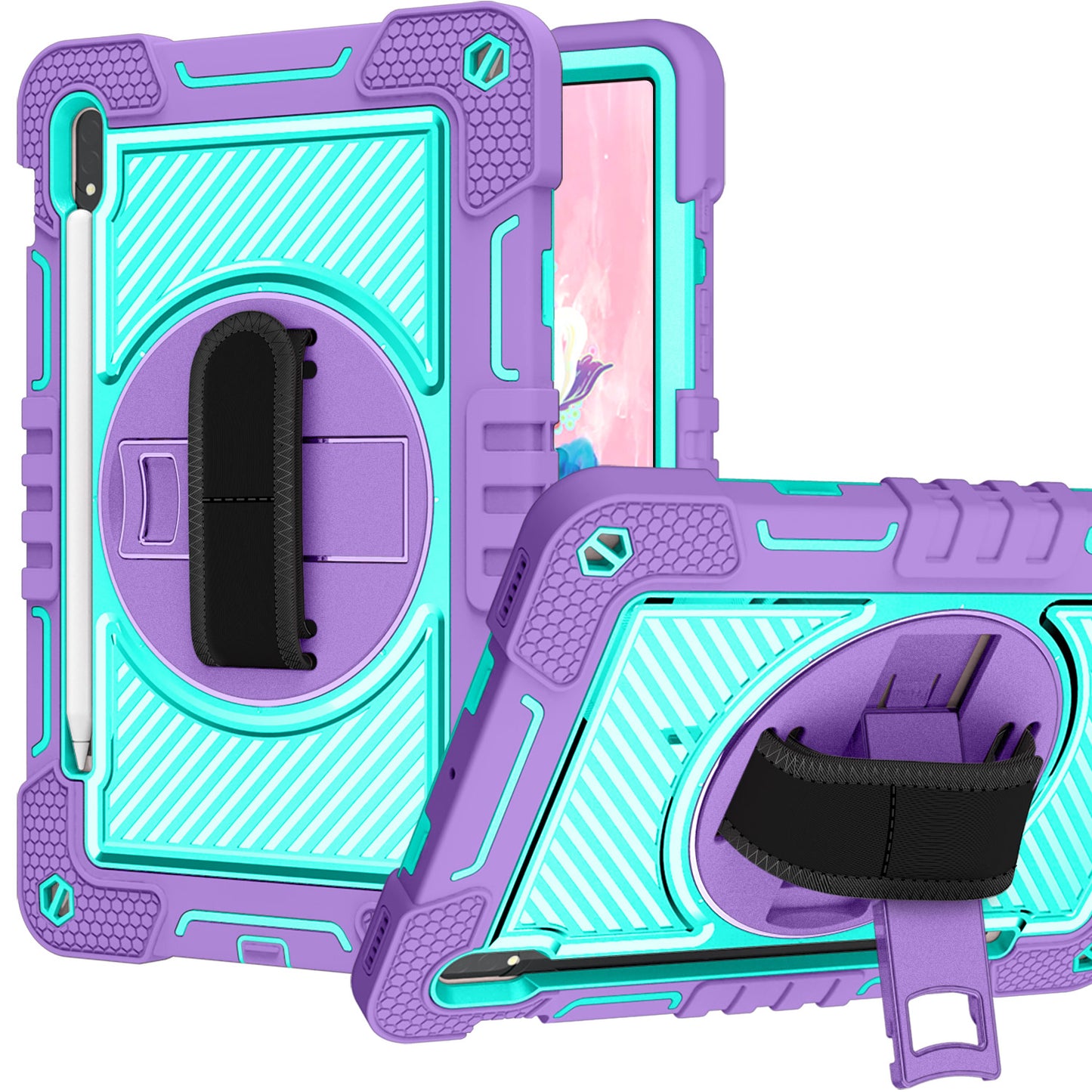 For Hybrid 3in1 Multi-Functional Shockproof Tablet Case with Hand, Shoulder Strap, Pencil & Stand Holder Purple Teal Tablet Case Cover