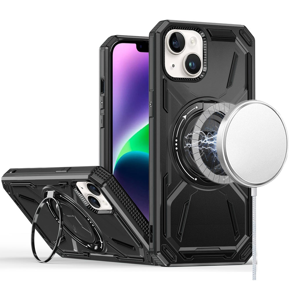 For Apple iPhone 15 Plus Hybrid Magnetic Ring and 360° Rotational Kickstand with MagSafe Compatible, Military Grade Drop Protection Case Cover Black
