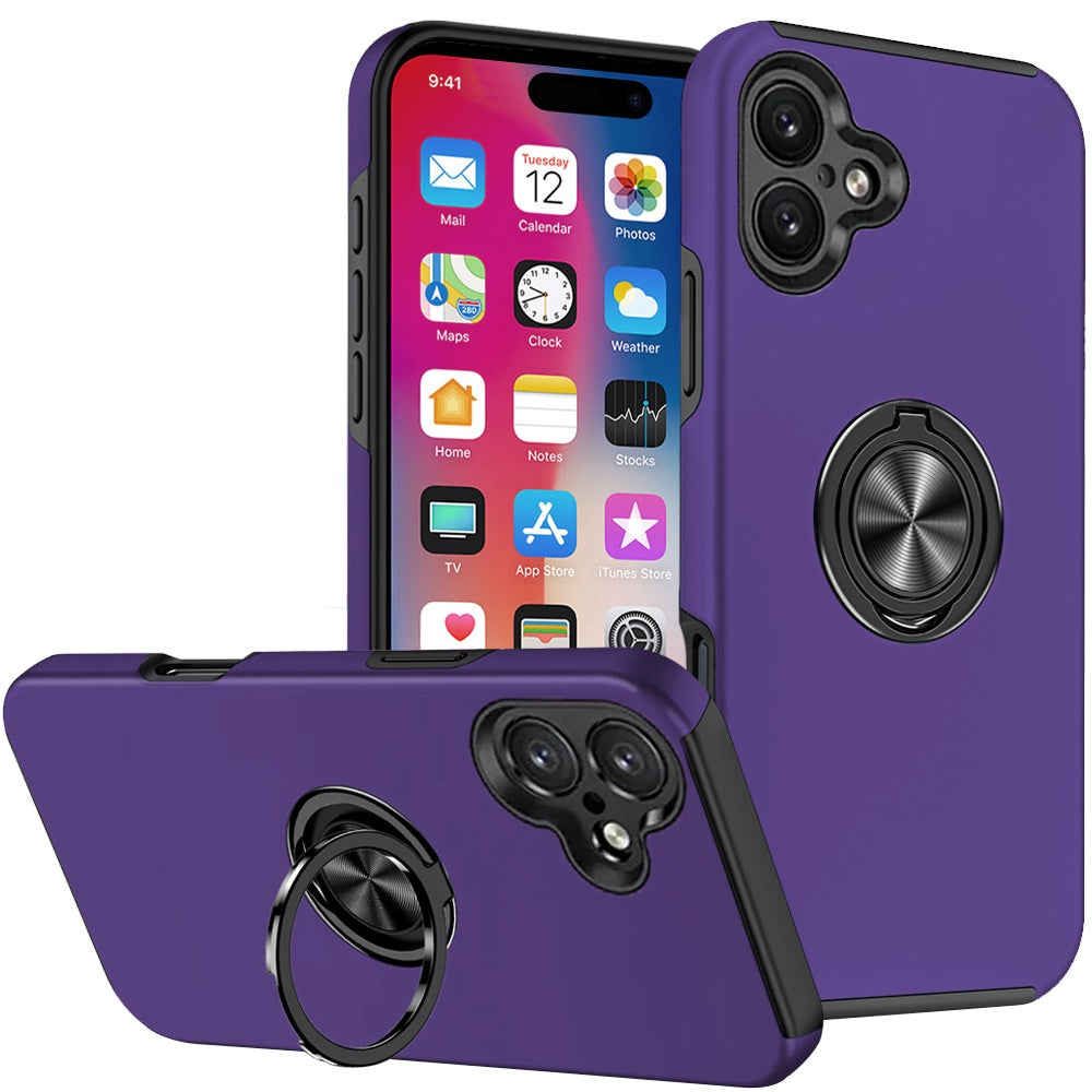 For Apple iPhone 16 (6.1") Hybrid Slim Kickstand with Metal Invisible Ring Stand Holder Fit Magnetic Car Mount Shockproof Case Cover