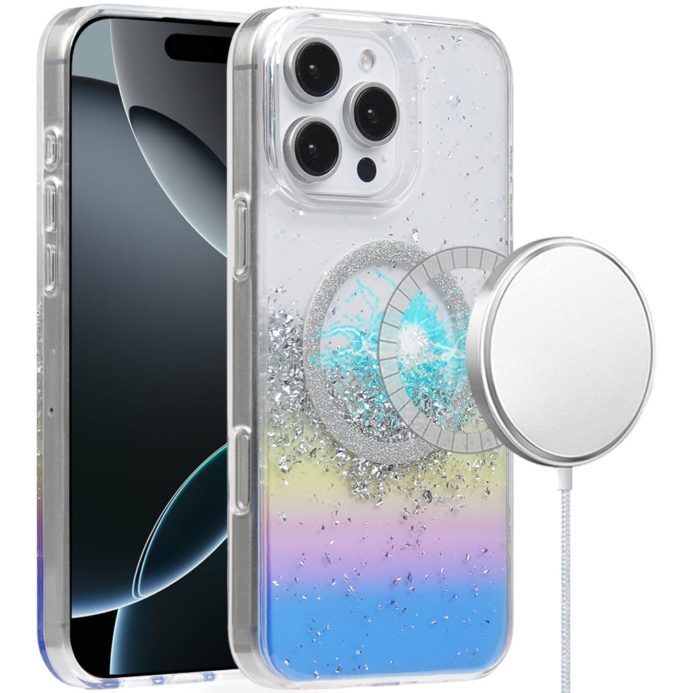 For Apple iPhone 16 Pro (6.3") Premium Transparent Epoxy Glitter Bling Magnetic Circle Compatible with MagSafe Hybrid Sparkle TPU Case Cover